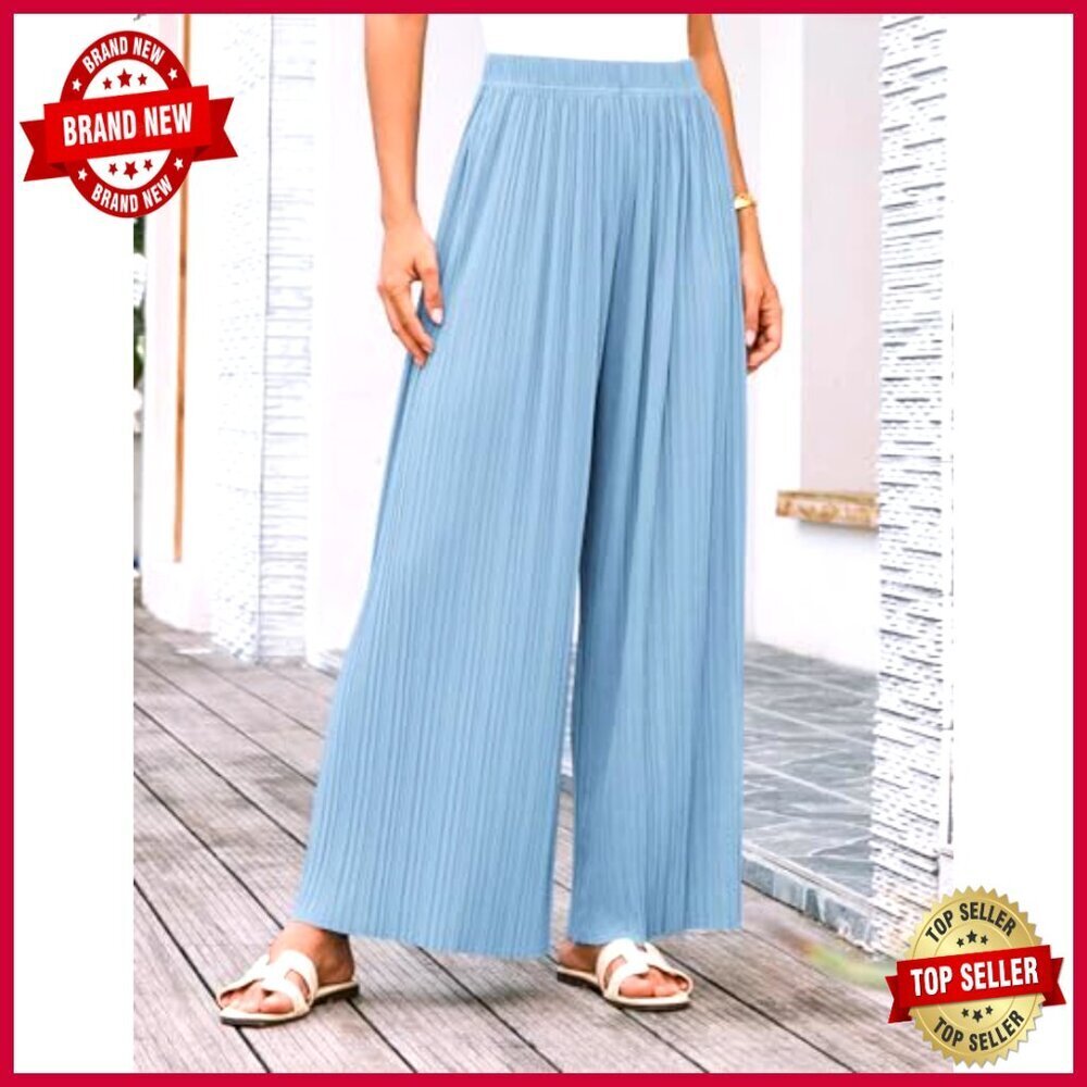 Wide Leg Palazzo Pants Pleated High Elastic Waist Flowy Loose Boho Chic - Picture 3 of 7